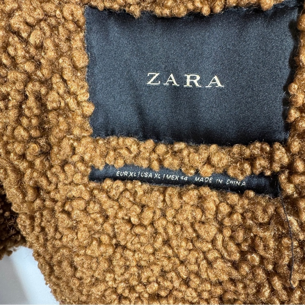 Zara Brown Faux Leather Shearling Jacket Size XL Aviator Biker Cozy Core - Picture 7 of 14